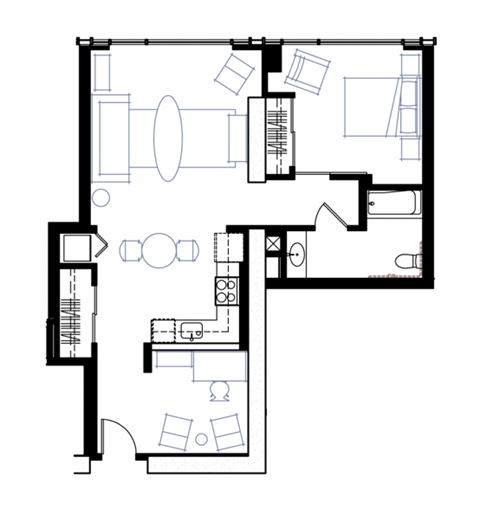 Floor plan for 1 bed, 1 bath, 838 sqft